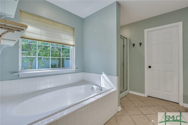 bathroom with plus walk in shower and tile patterned floors