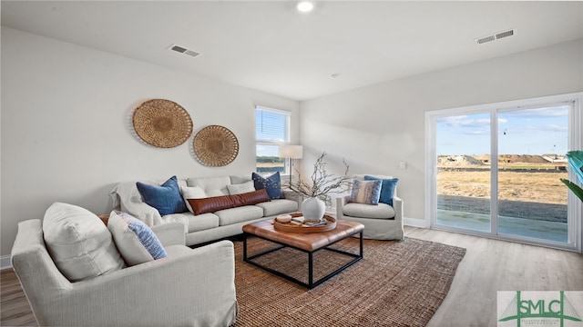 living room with light hardwood / wood-style flooring