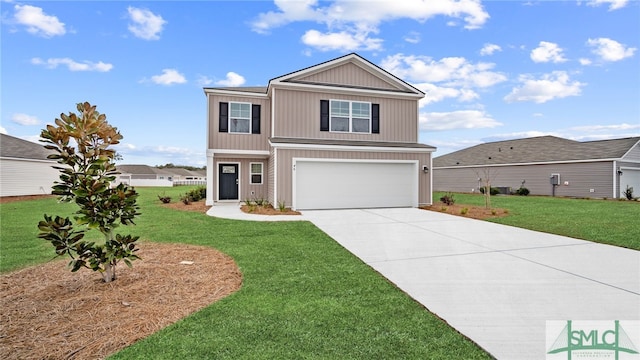 view of front of home featuring a garage and a front lawn