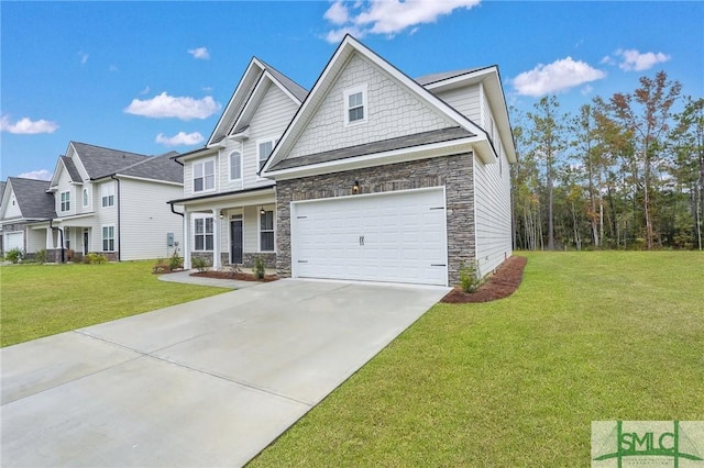 craftsman inspired home with a garage and a front lawn