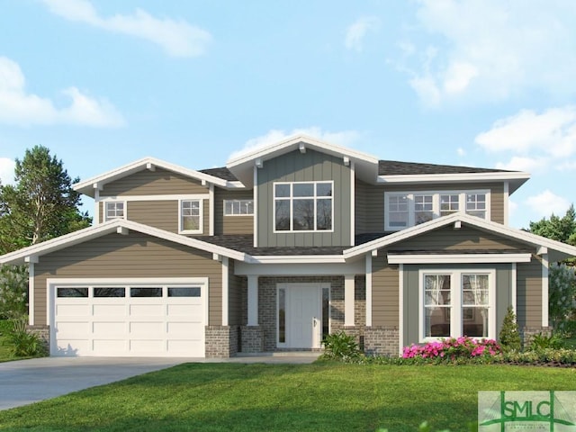 view of front of property with brick siding, concrete driveway, board and batten siding, a garage, and a front lawn