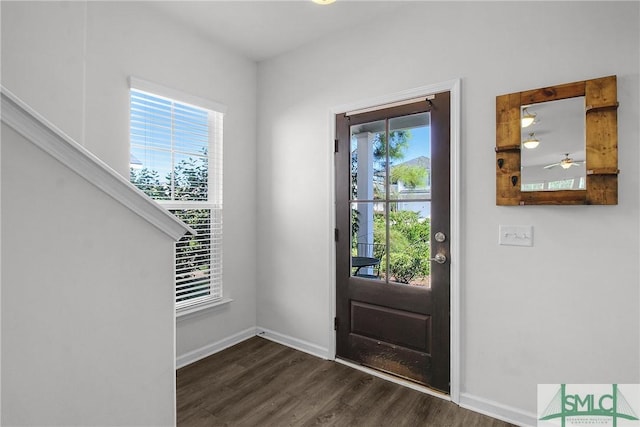 foyer featuring baseboards and dark wood-style flooring