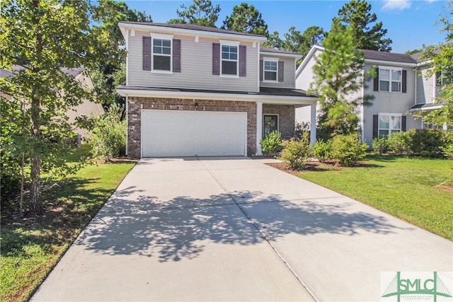 view of front of property with a garage, concrete driveway, a front lawn, and brick siding