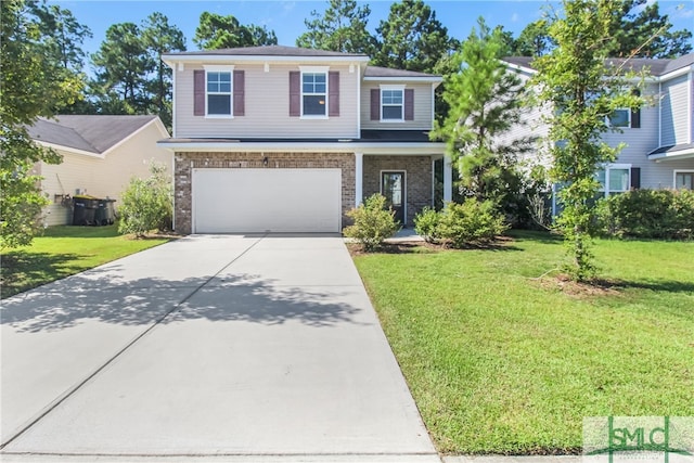 view of front of house with an attached garage, brick siding, concrete driveway, and a front yard