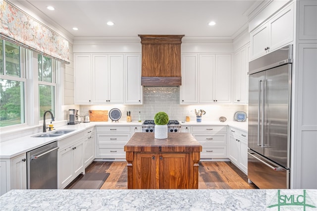 kitchen with dark hardwood / wood-style flooring, appliances with stainless steel finishes, white cabinetry, custom range hood, and sink