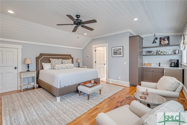 1654 Dublin Dr, Richmond Hill, GA 31324 - bedroom featuring crown molding, baseboards, wood ceiling, light wood-style floors, and indoor wet bar