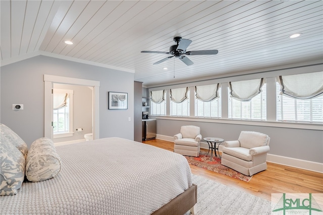 bedroom with wood ceiling, hardwood / wood-style floors, vaulted ceiling, and ceiling fan