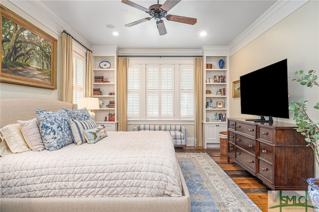 bedroom featuring crown molding, multiple windows, dark hardwood / wood-style floors, and ceiling fan