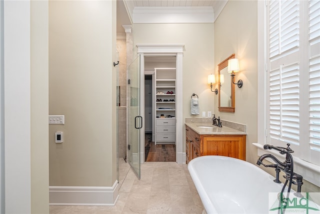 bathroom featuring vanity, shower with separate bathtub, ornamental molding, and tile patterned floors