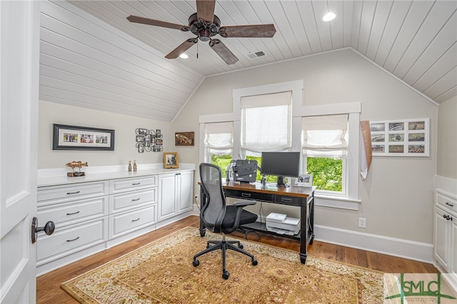 office area with vaulted ceiling, wood ceiling, hardwood / wood-style flooring, and ceiling fan