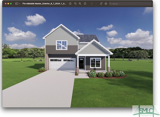 view of front of home with a front lawn and a garage