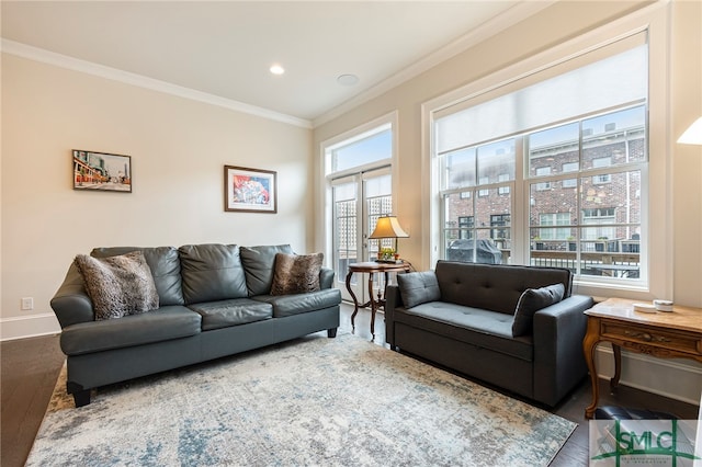 living room with crown molding and hardwood / wood-style floors