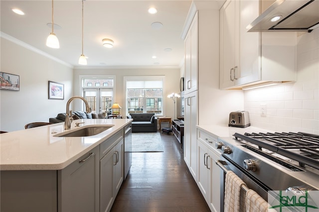 kitchen featuring dark hardwood / wood-style floors, stainless steel appliances, decorative backsplash, white cabinetry, and wall chimney range hood