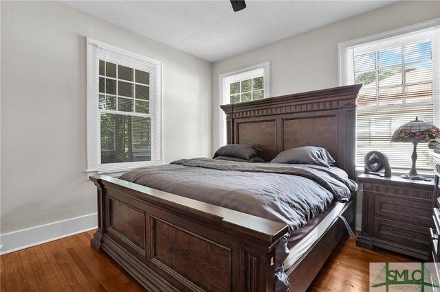 bedroom featuring multiple windows, ceiling fan, and dark wood-type flooring