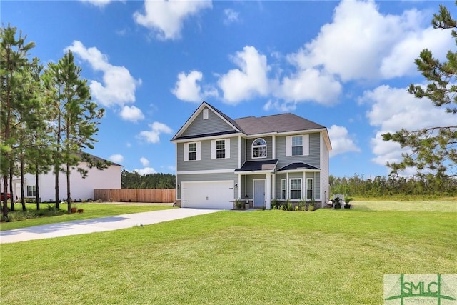 view of front facade featuring a garage, fence, concrete driveway, and a front yard