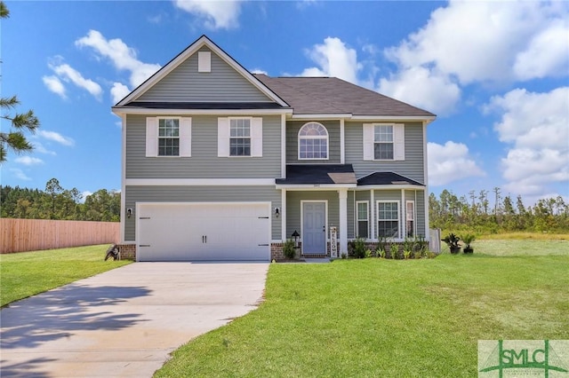 traditional-style home with an attached garage, brick siding, fence, driveway, and a front yard