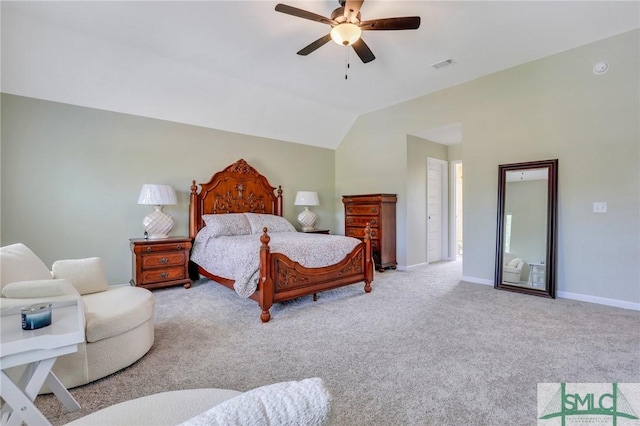 carpeted bedroom featuring ceiling fan, baseboards, visible vents, and vaulted ceiling