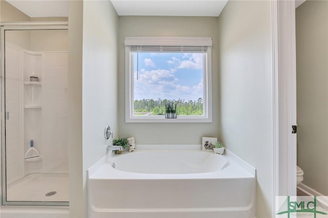 bathroom with a stall shower, toilet, and a bath