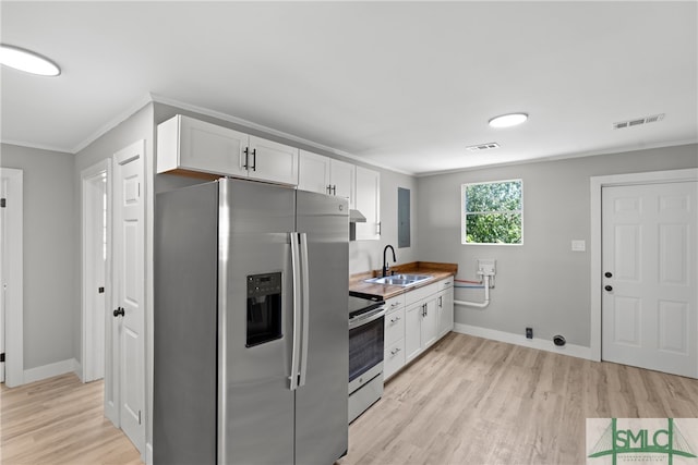 kitchen with light wood-type flooring, sink, stainless steel appliances, and white cabinetry