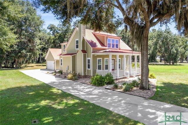 view of front of home featuring covered porch and a front yard