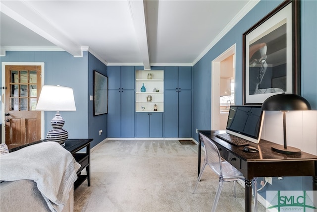 carpeted bedroom featuring crown molding and beam ceiling