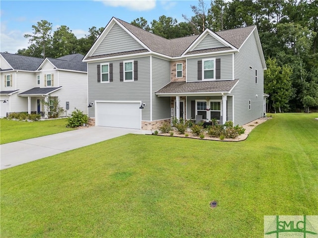 view of front of property featuring a front yard, roof with shingles, covered porch, a garage, and driveway