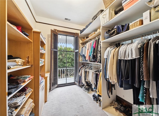 walk in closet with light carpet