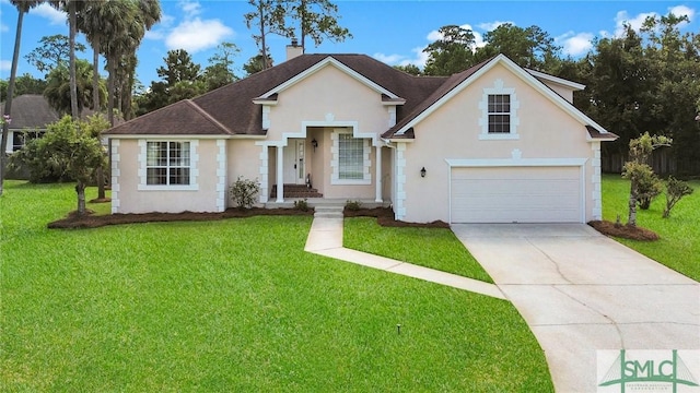 traditional-style home with an attached garage, driveway, stucco siding, a front lawn, and a chimney