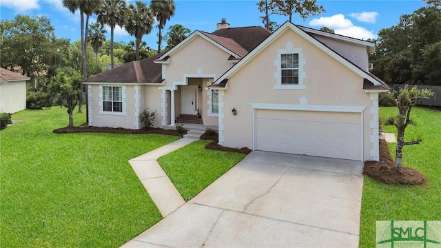 traditional home featuring a garage, concrete driveway, stucco siding, a front lawn, and a chimney