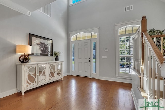 entrance foyer featuring hardwood / wood-style flooring and a towering ceiling