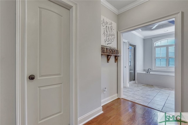 corridor with ornamental molding and light hardwood / wood-style flooring