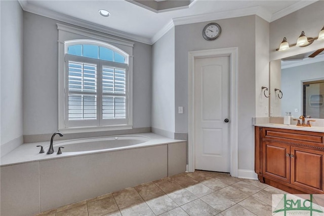 bathroom with ornamental molding, tile patterned floors, vanity, and a bath