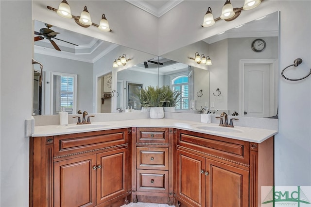 bathroom with ceiling fan, plenty of natural light, crown molding, and vanity