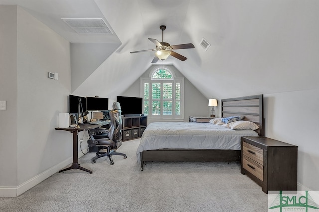 bedroom with lofted ceiling, carpet flooring, and ceiling fan