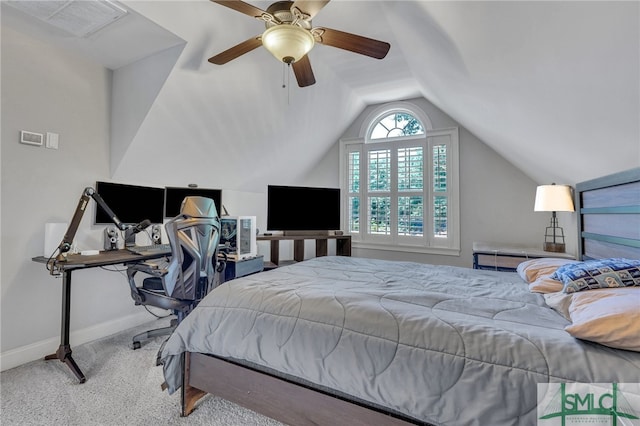 bedroom featuring ceiling fan, light carpet, and vaulted ceiling