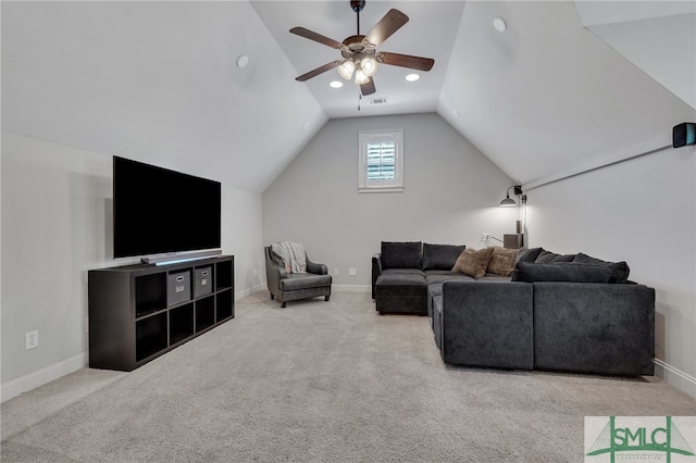 carpeted living room featuring lofted ceiling and ceiling fan