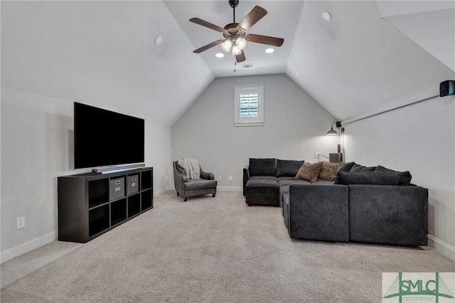 living room featuring carpet, visible vents, vaulted ceiling, and baseboards