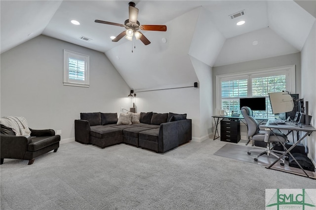 home office featuring ceiling fan, light colored carpet, and plenty of natural light