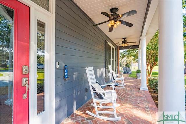 view of patio featuring ceiling fan and covered porch