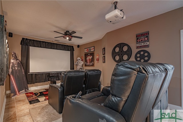 home theater with a textured ceiling and ceiling fan