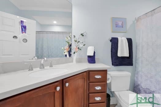 bathroom with toilet, vanity, and a shower with curtain