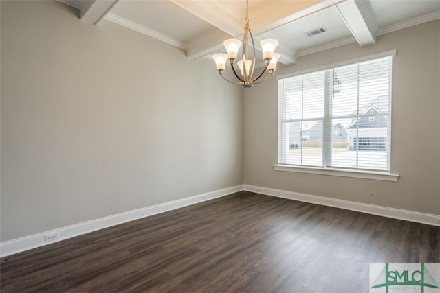 empty room with visible vents, baseboards, dark wood finished floors, and beamed ceiling