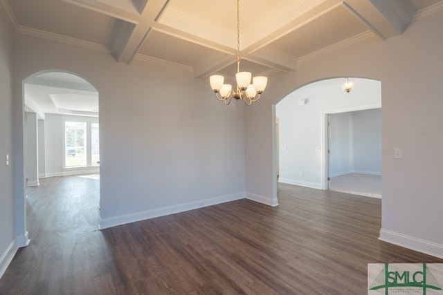 spare room featuring coffered ceiling, crown molding, beam ceiling, an inviting chandelier, and dark hardwood / wood-style floors