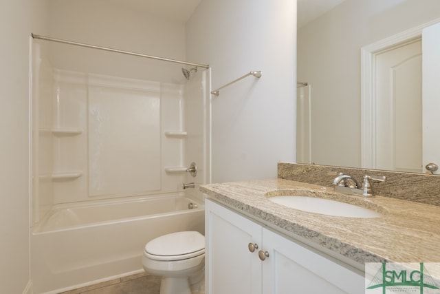 full bathroom featuring bathtub / shower combination, vanity, tile patterned floors, and toilet