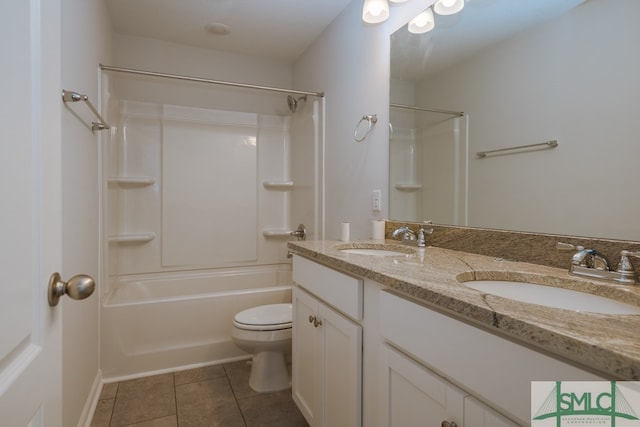 full bathroom featuring tile patterned flooring, vanity,  shower combination, and toilet