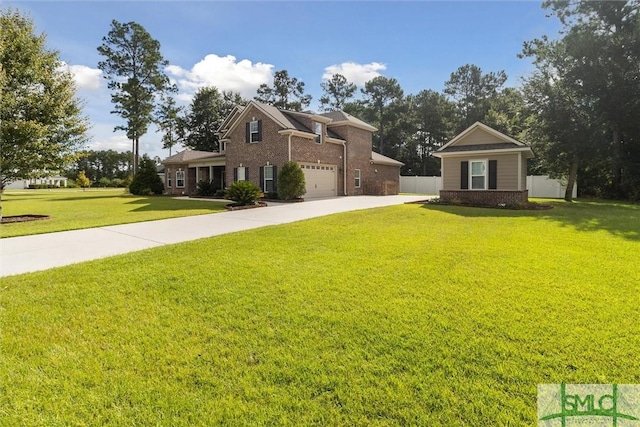 view of front of property with a garage, a front yard, brick siding, and driveway