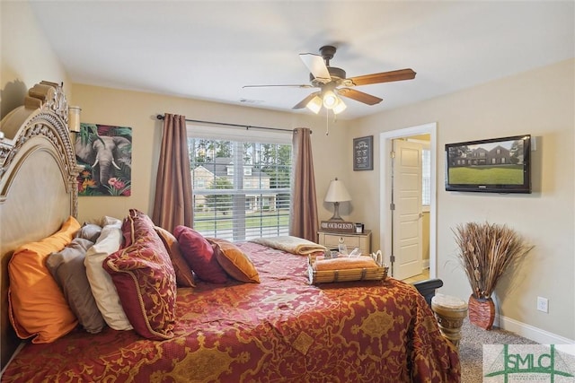 bedroom featuring carpet floors, visible vents, ceiling fan, and baseboards