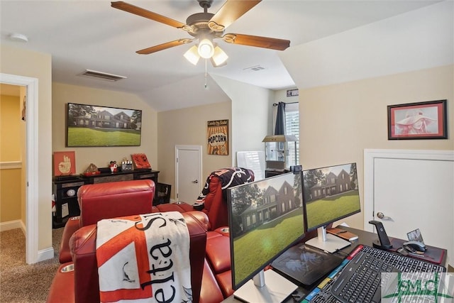 rec room featuring carpet floors, visible vents, vaulted ceiling, and ceiling fan