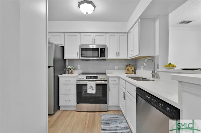 kitchen with white cabinets, light hardwood / wood-style flooring, appliances with stainless steel finishes, sink, and decorative backsplash