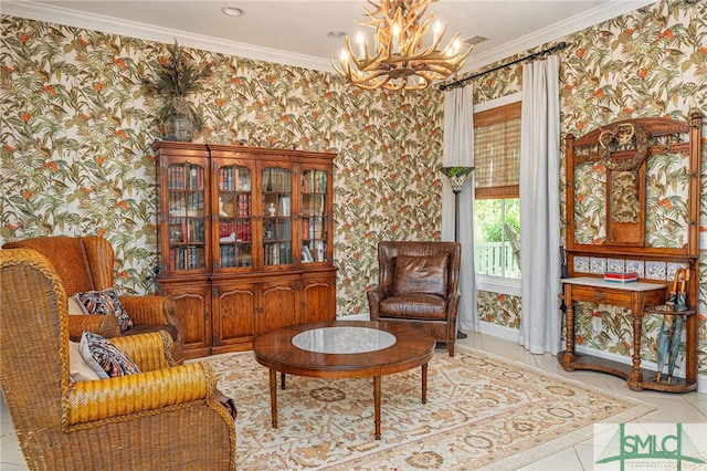 living area with ornamental molding, light tile patterned floors, and wallpapered walls